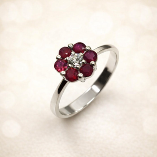 Anillo Rosetón Oro 18kt con Rubíes y Brillante